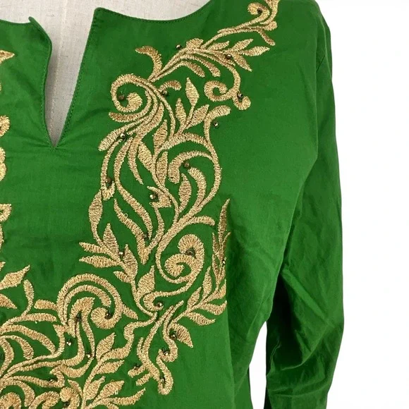 Susan Graver Style Green Cotton Embroidered Tunic Top Gold Beadwork Medium - Picture 2 of 10